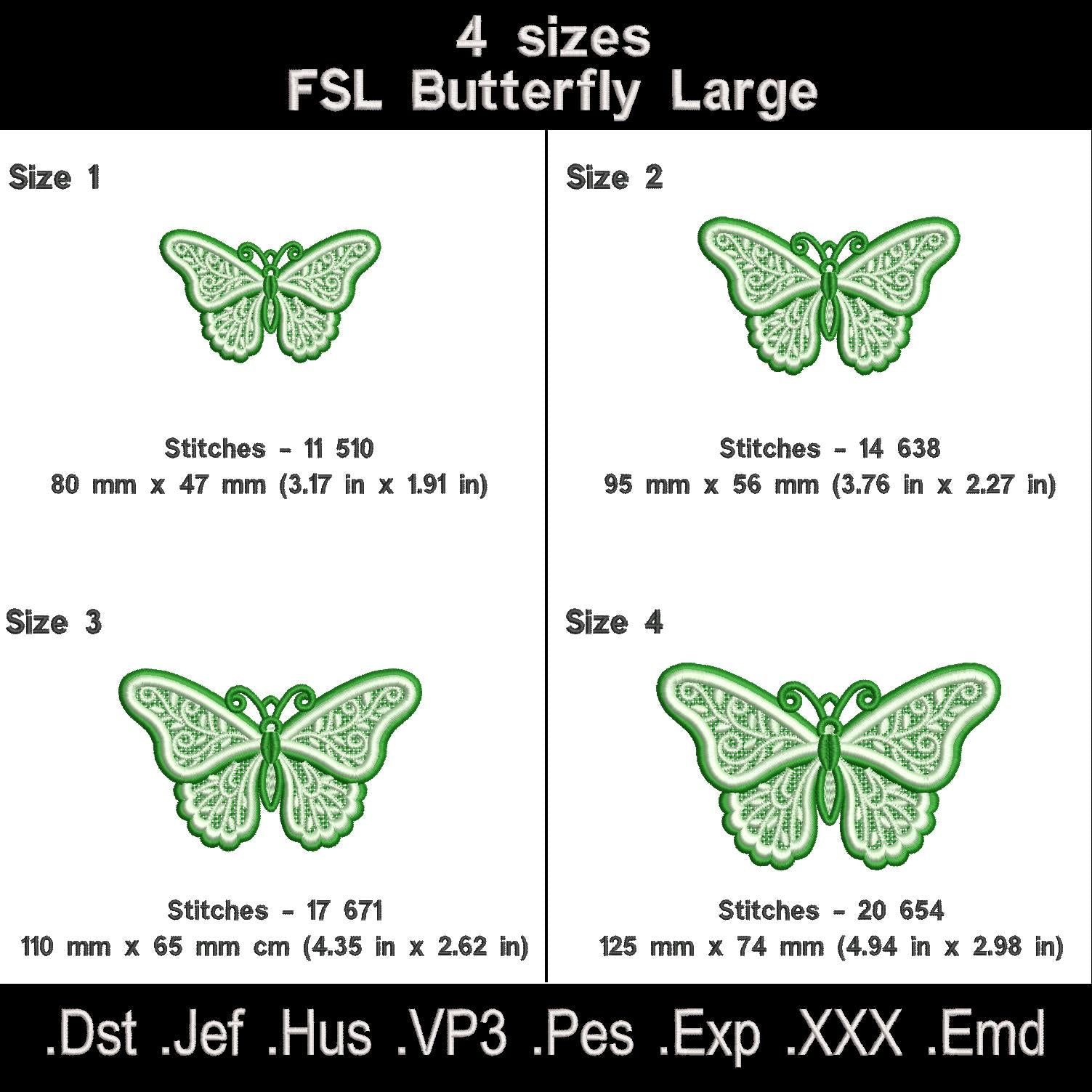 Ornamental butterfly FSL size chart with four sizes, stitch counts and machine embroidery file formats