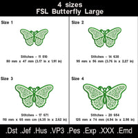 Ornamental butterfly FSL size chart with four sizes, stitch counts and machine embroidery file formats