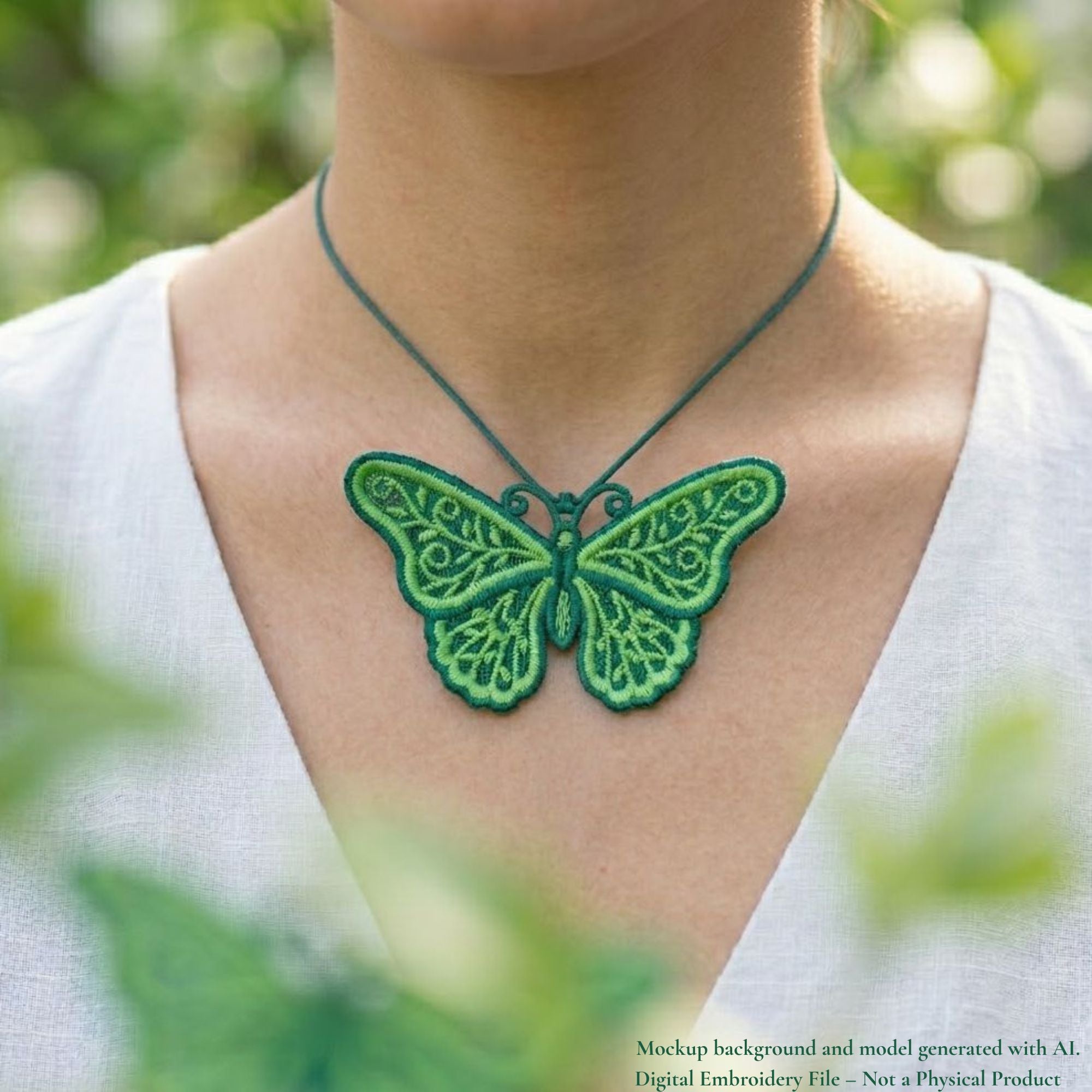 Green ornamental butterfly FSL necklace pendant on a matching cord, worn with a white V-neck blouse