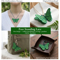 Ornamental butterfly FSL mockups showing a necklace, layered hanging ornament, backpack charm and key decoration