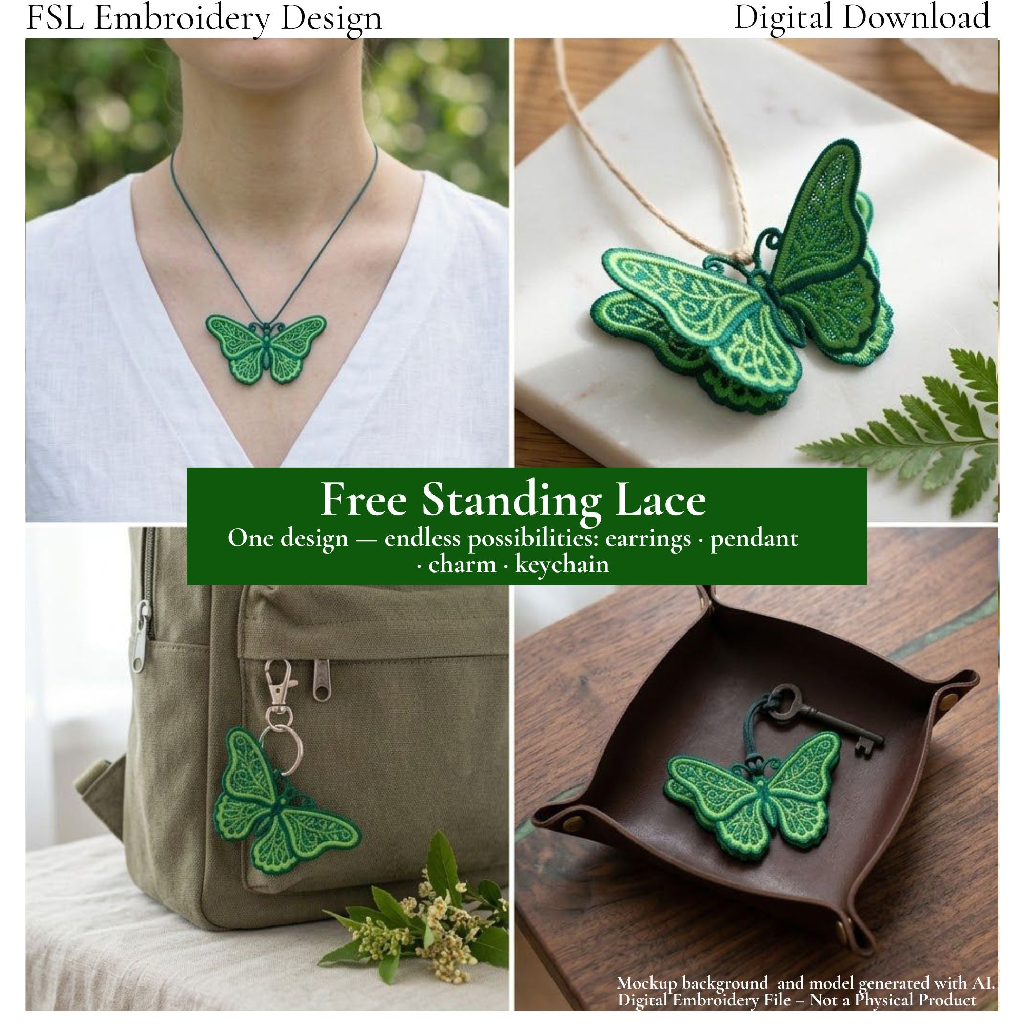 Ornamental butterfly FSL mockups showing a necklace, layered hanging ornament, backpack charm and key decoration