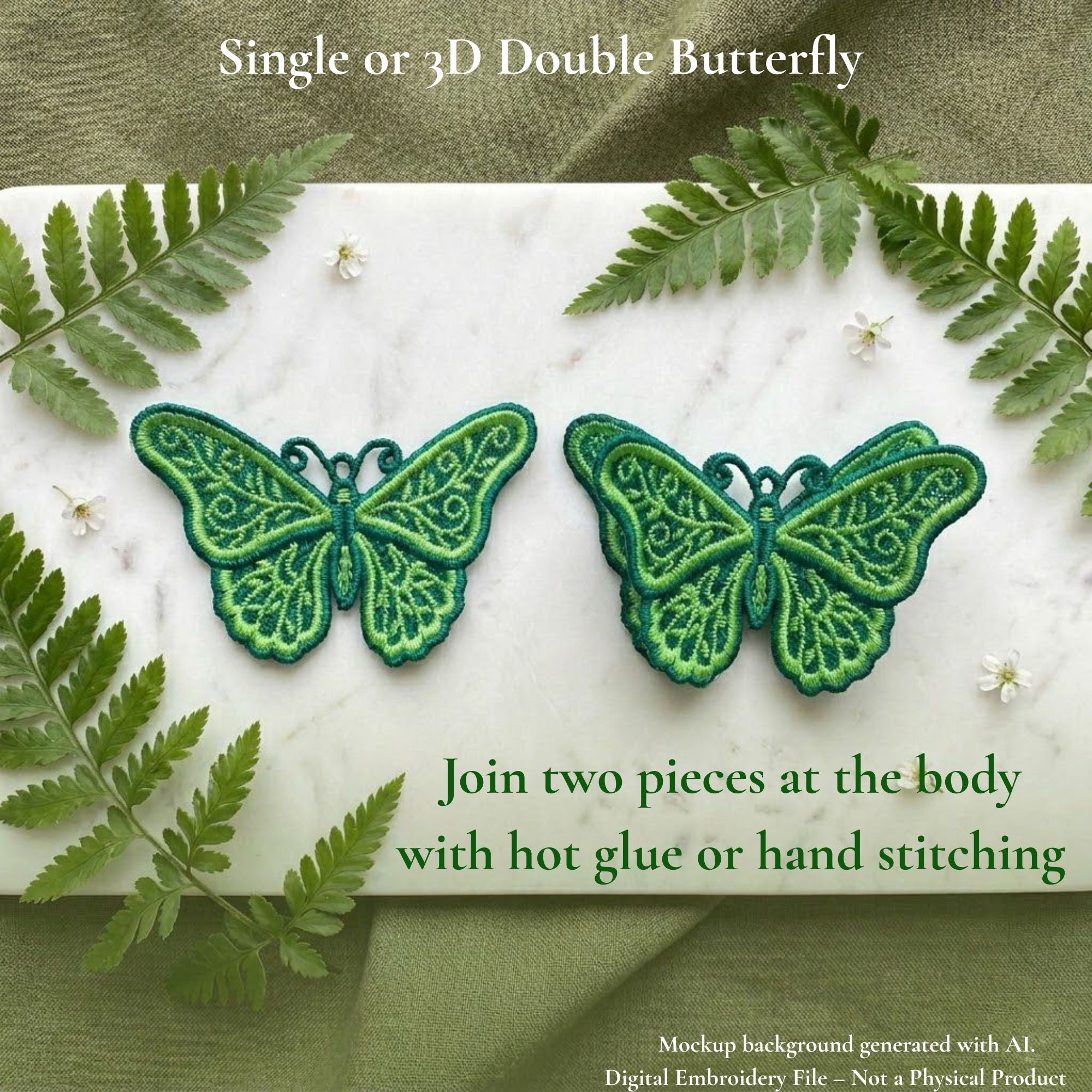 Single and layered 3D FSL butterflies with instructions to join two pieces at the body using glue or hand stitching