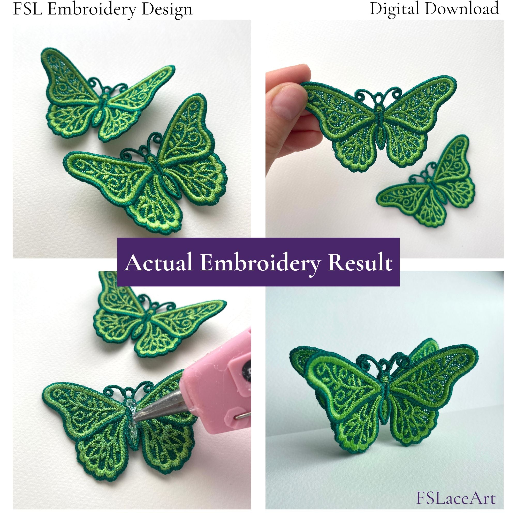 Collage of green butterfly FSL stitch-outs showing lace details and glue applied to the body for layered assembly