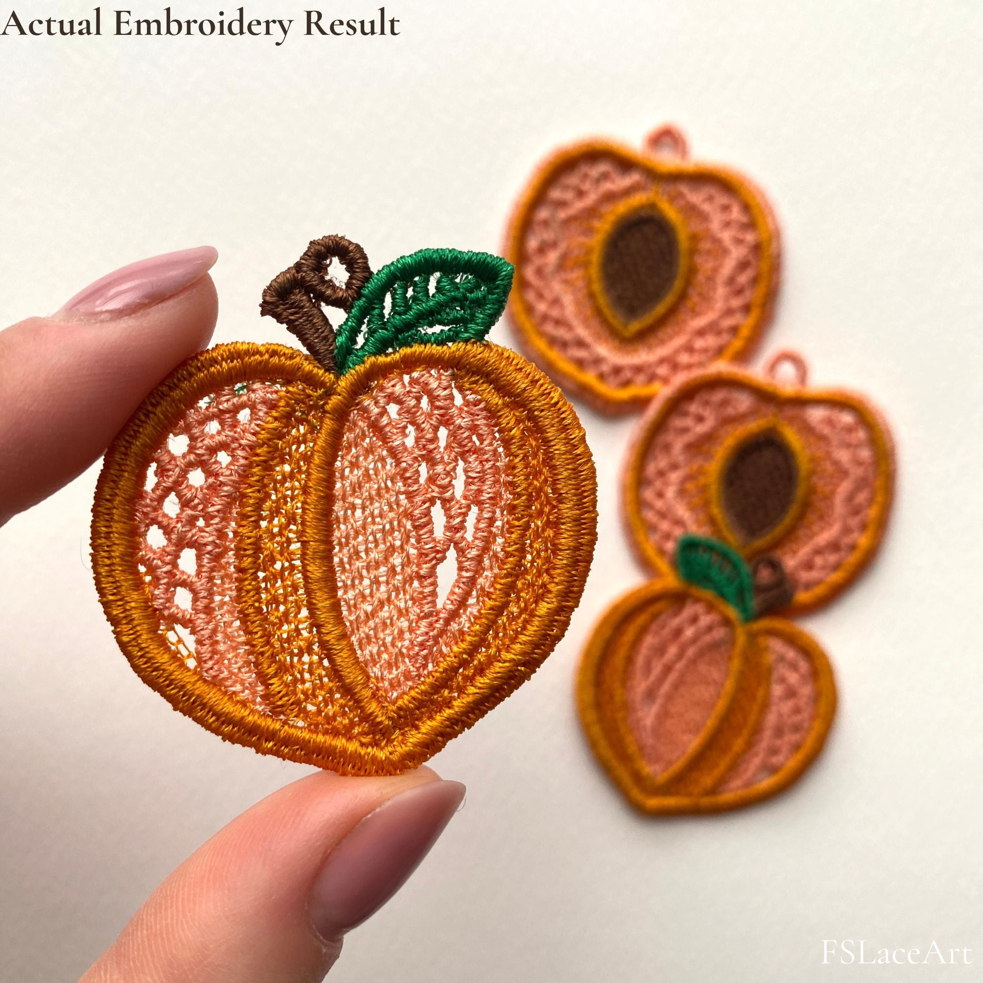 Actual stitched result of Peach FSL embroidery design