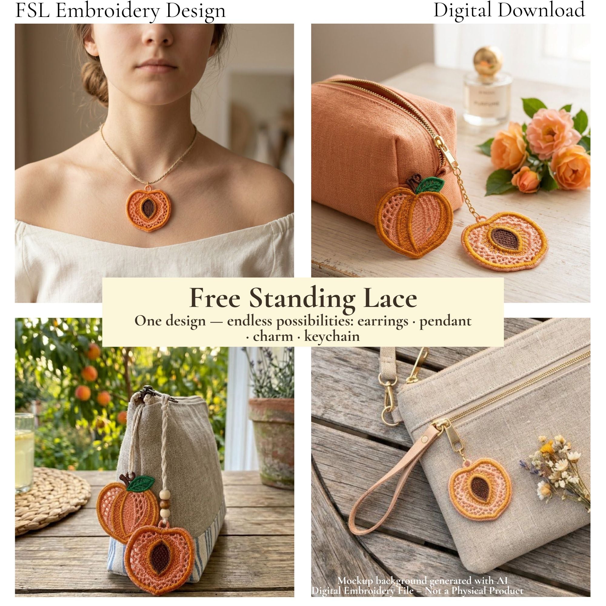 Peach FSL design used as necklace, keychain and bag charm