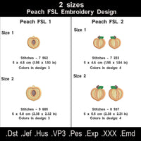 Peach FSL embroidery design size and stitch count chart