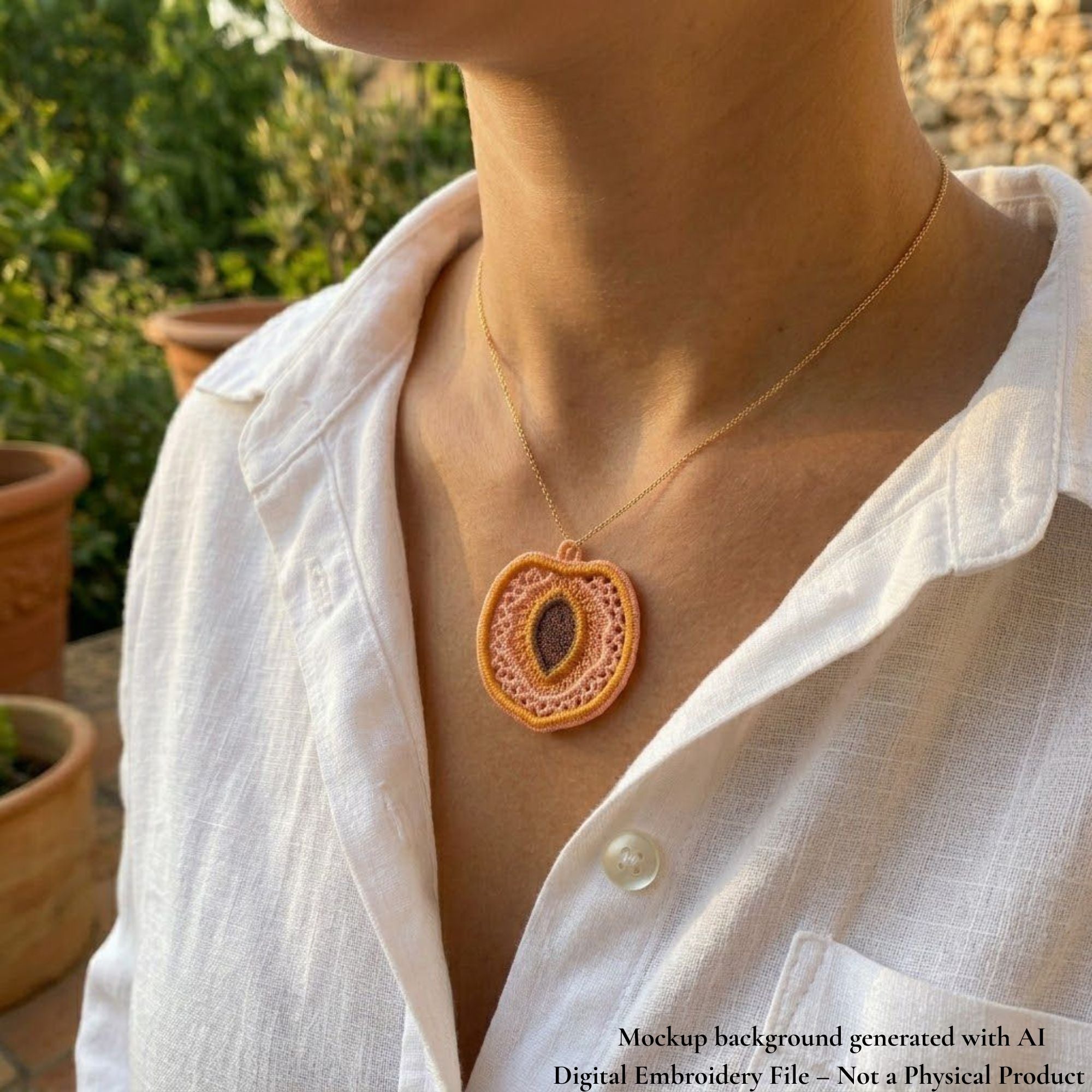 Peach FSL design worn as a pendant necklace