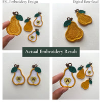 Collage of actual Pear FSL embroidery results showing whole and sliced pear lace designs