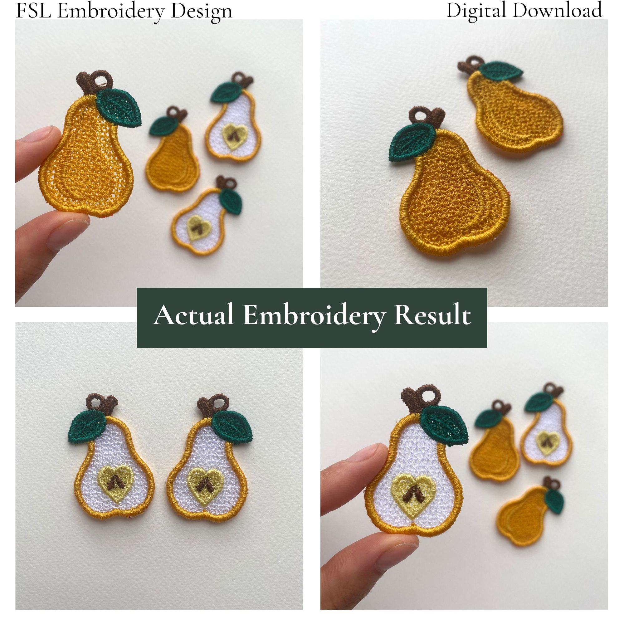 Collage of actual Pear FSL embroidery results showing whole and sliced pear lace designs
