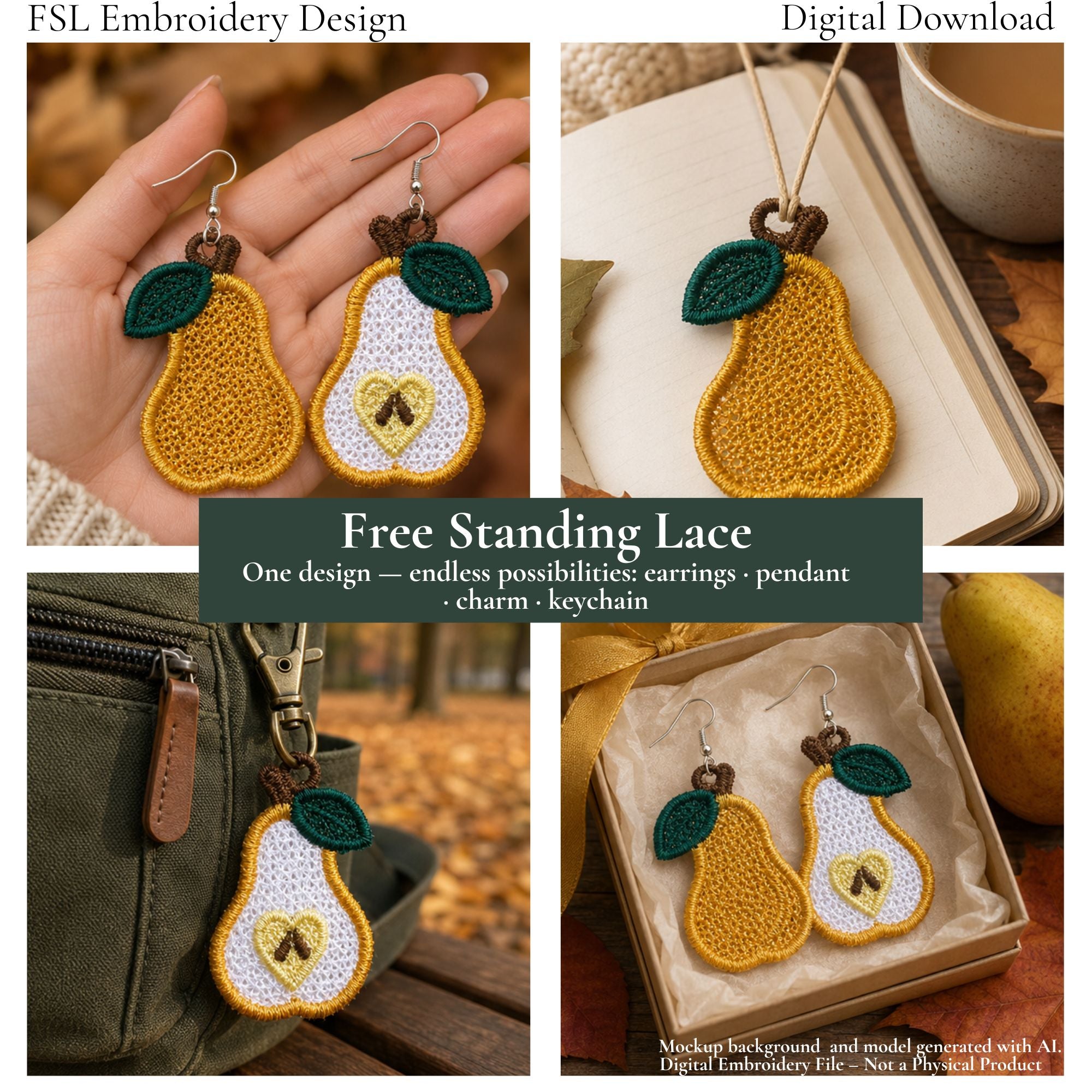 Pear FSL embroidery designs shown as earrings, a pendant, bag charm and keychain