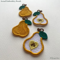 Four finished Pear FSL embroidery pieces showing two whole pears and two sliced pears