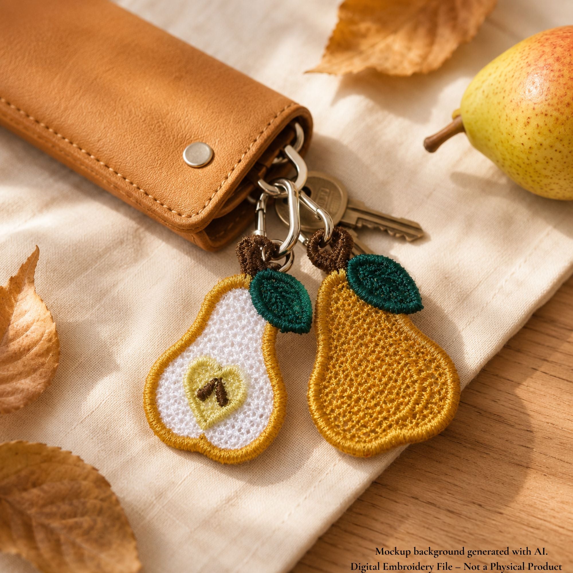 Whole and sliced pear FSL keychain charms attached to keys beside a brown wallet and fresh pear