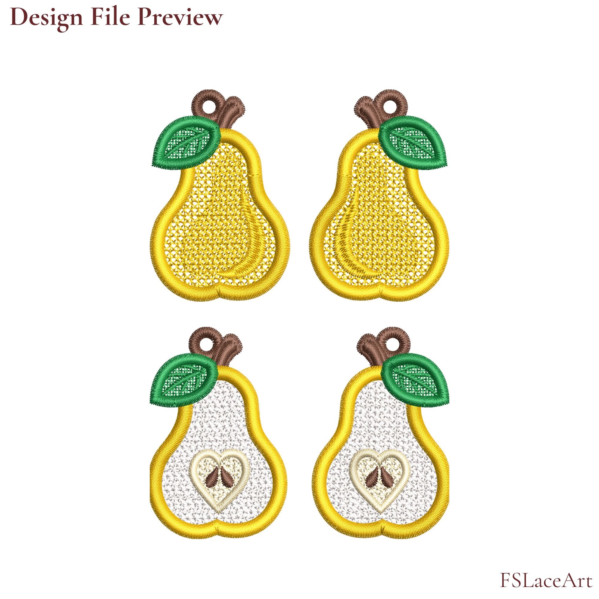 Machine embroidery file preview showing mirrored whole and sliced Pear FSL designs