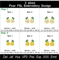Pear FSL embroidery size chart with dimensions and stitch counts for three sizes of whole and sliced pears