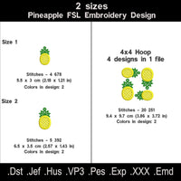Pineapple FSL embroidery design size and stitch count chart