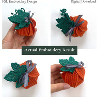Collage of finished 3D Pumpkin FSL gift boxes with green leaves, decorative curls and gray ribbon in two finishing styles