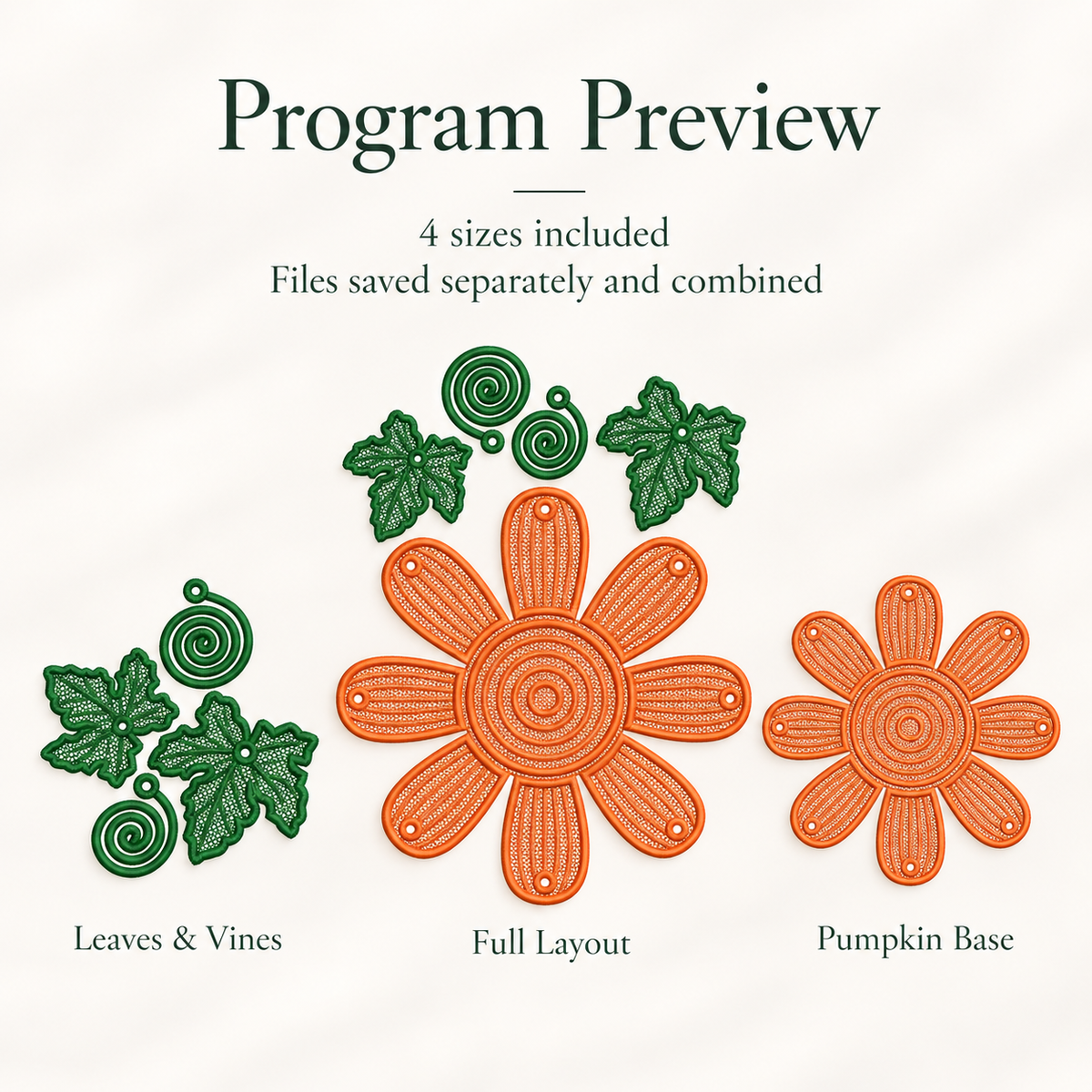 Machine embroidery file preview of the pumpkin base, green leaves and curling vines supplied as separate and combined files