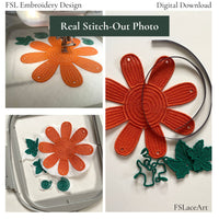 Real stitch-out photos showing the orange pumpkin base and green FSL leaves and vines embroidered on water-soluble stabilizer