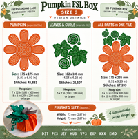 Size 3 Pumpkin FSL box embroidery details with dimensions, stitch counts, hoop requirements and approximate finished size
