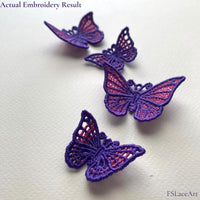 Finished purple and pink butterfly FSL stitch-outs displayed with raised lace wings