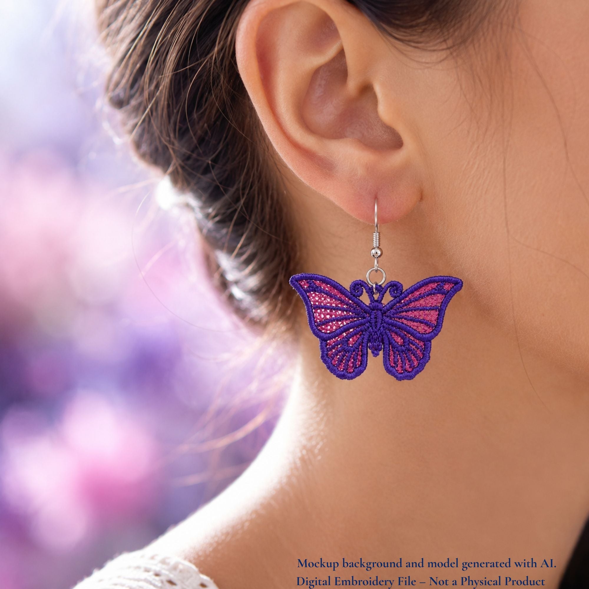 Purple and pink butterfly FSL earring displayed on a silver hook against a soft lavender background