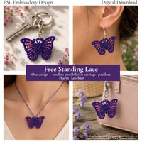 Purple butterfly FSL design shown as a keychain, earring, necklace pendant and bag charm