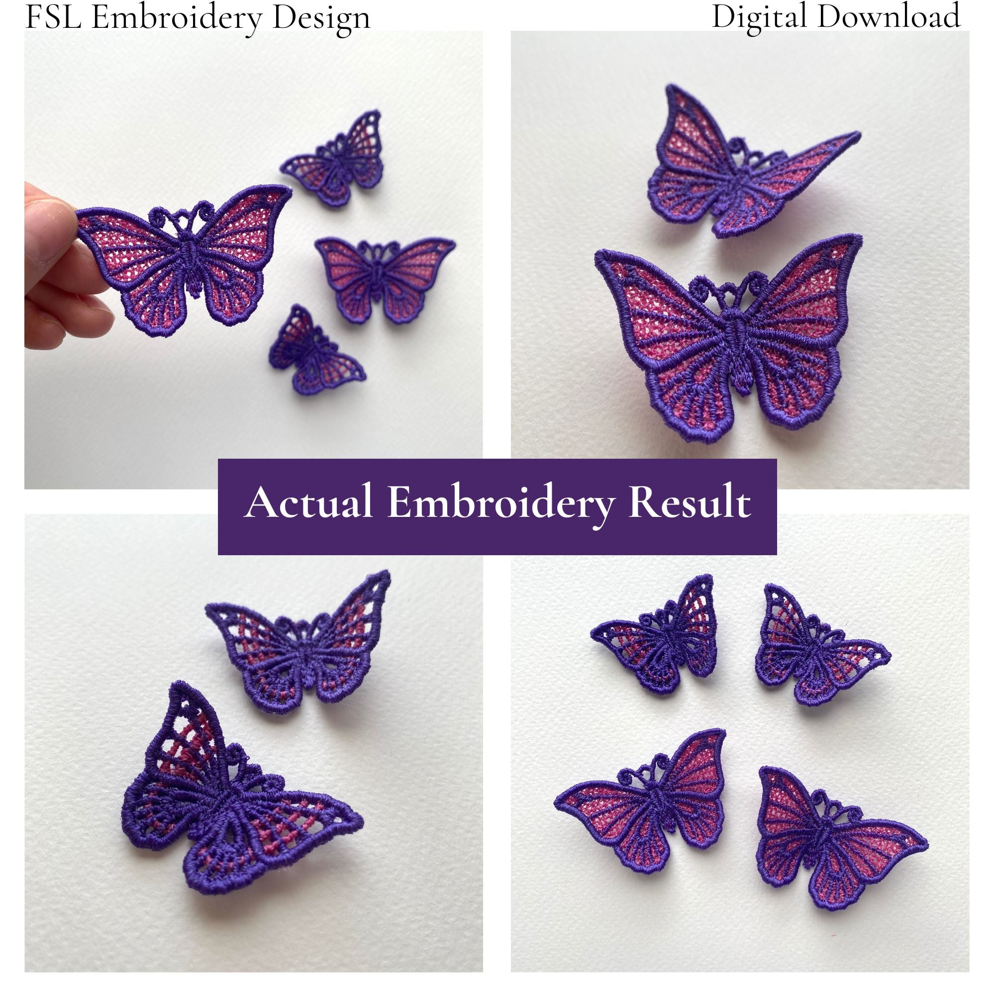 Collage of actual purple butterfly FSL embroidery results showing filled and open lace wing styles