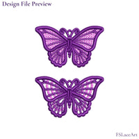 Machine embroidery file preview showing purple butterfly FSL designs with lace-filled and open wings