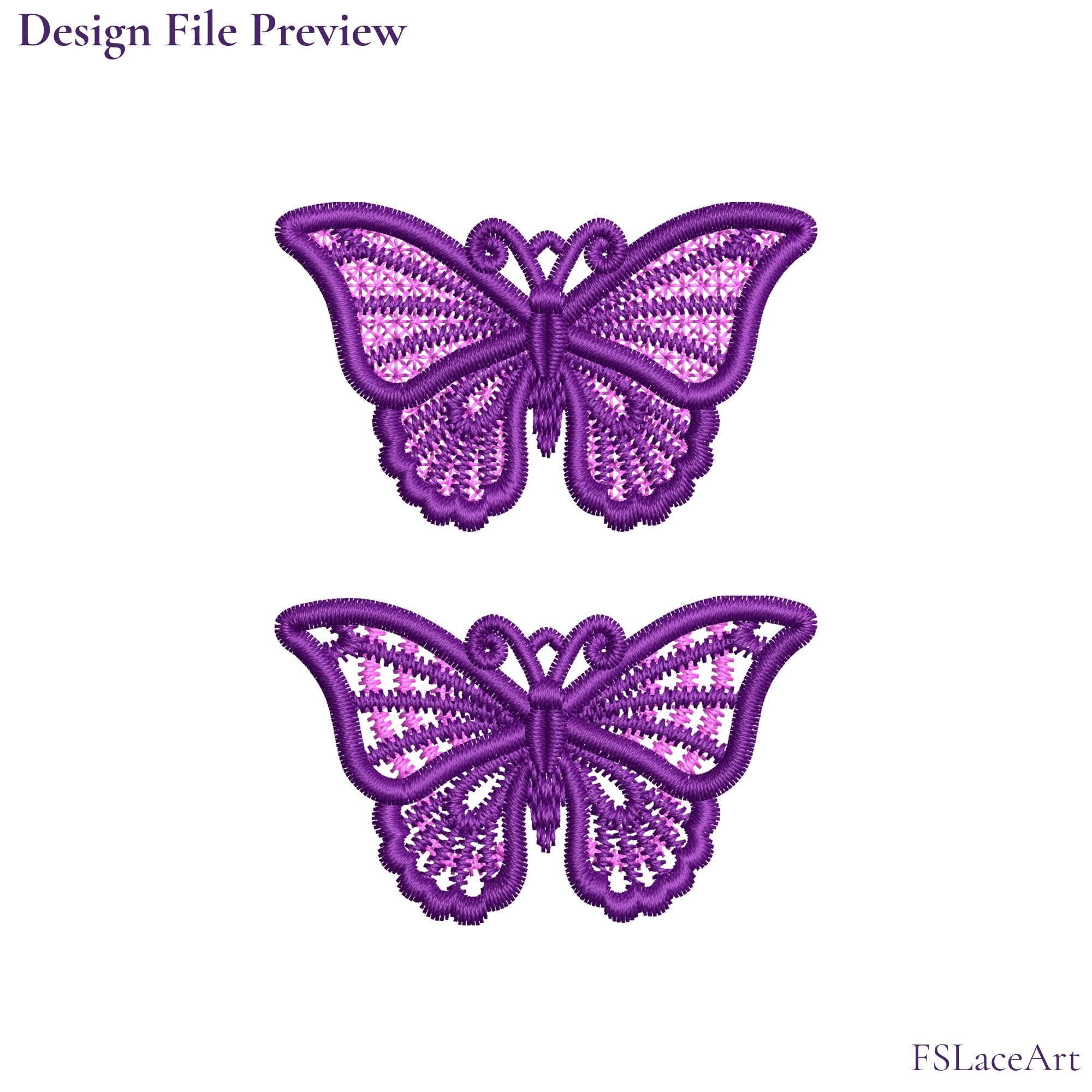 Machine embroidery file preview showing purple butterfly FSL designs with lace-filled and open wings
