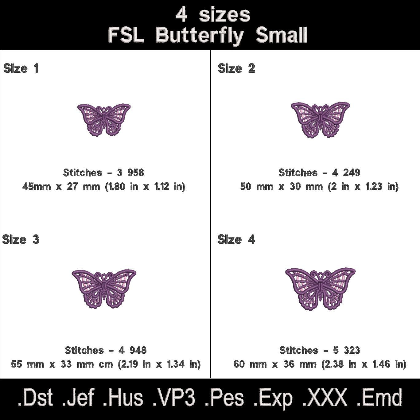 Purple butterfly FSL embroidery size chart with four dimensions, stitch counts and machine file formats