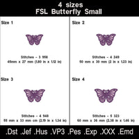 Purple butterfly FSL embroidery size chart with four dimensions, stitch counts and machine file formats