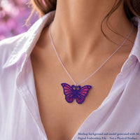 Purple and pink butterfly FSL pendant worn on a thin lavender cord with a white blouse
