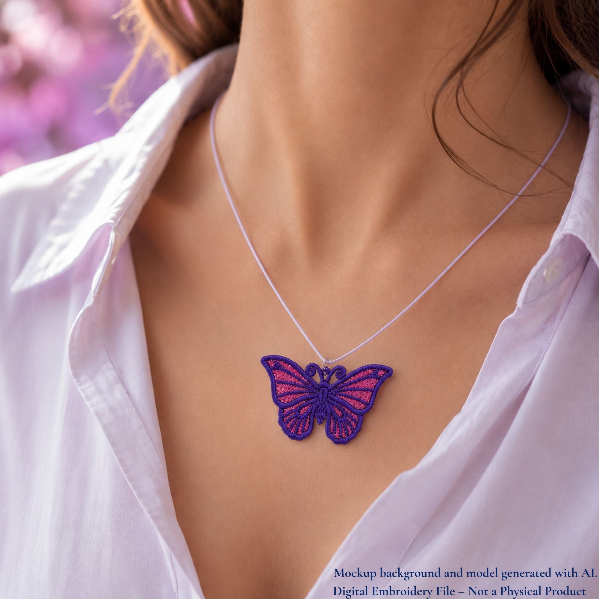 Purple and pink butterfly FSL pendant worn on a thin lavender cord with a white blouse