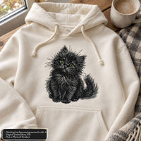 Cream hoodie mockup featuring fluffy black kitten embroidery above the front pocket, styled beside a cup and plaid blanket.