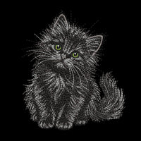 Black kitten embroidery preview on a black background, with gray fur highlights, bright green eyes and a tilted head.