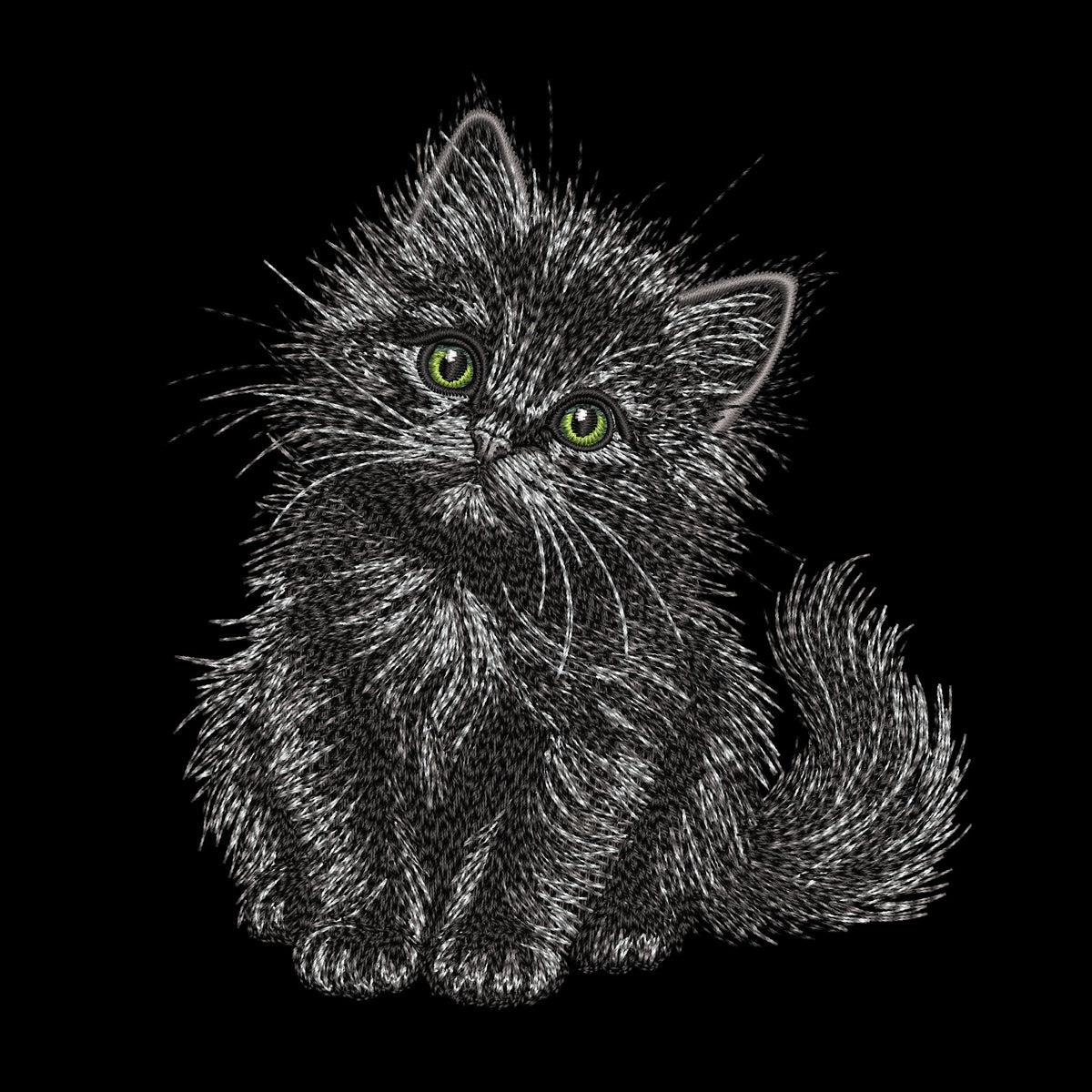 Black kitten embroidery preview on a black background, with gray fur highlights, bright green eyes and a tilted head.
