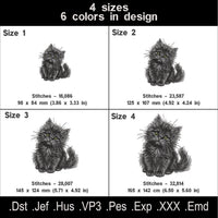 Black cat embroidery chart showing four sizes, six thread colors, stitch counts and available embroidery file formats.