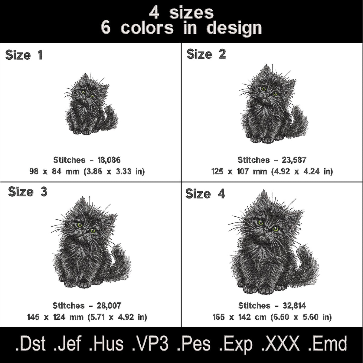 Black cat embroidery chart showing four sizes, six thread colors, stitch counts and available embroidery file formats.
