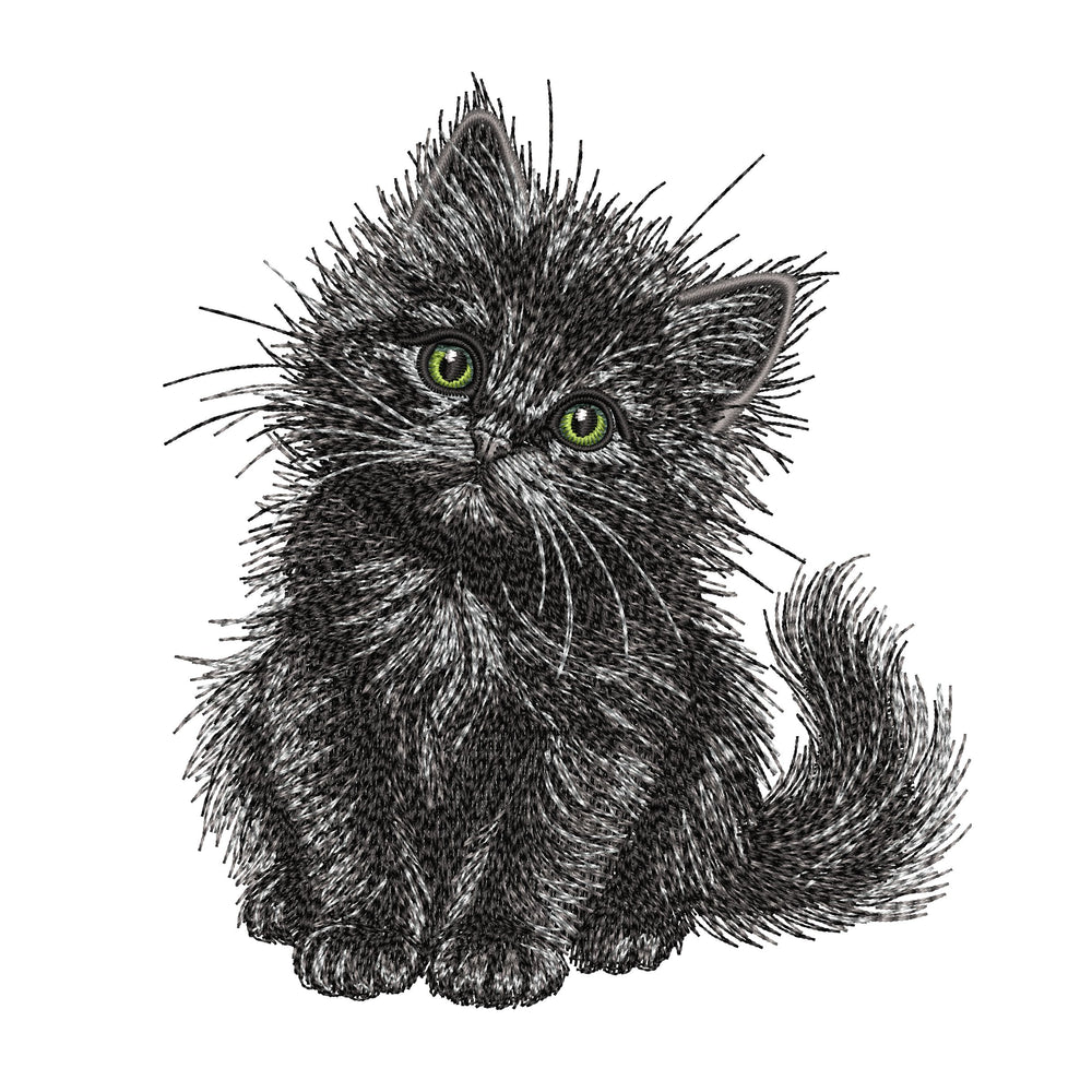 Realistic black kitten embroidery preview with green eyes, fluffy fur, long whiskers and a curved tail on white.