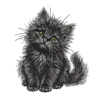 Realistic black kitten embroidery preview with green eyes, fluffy fur, long whiskers and a curved tail on white.