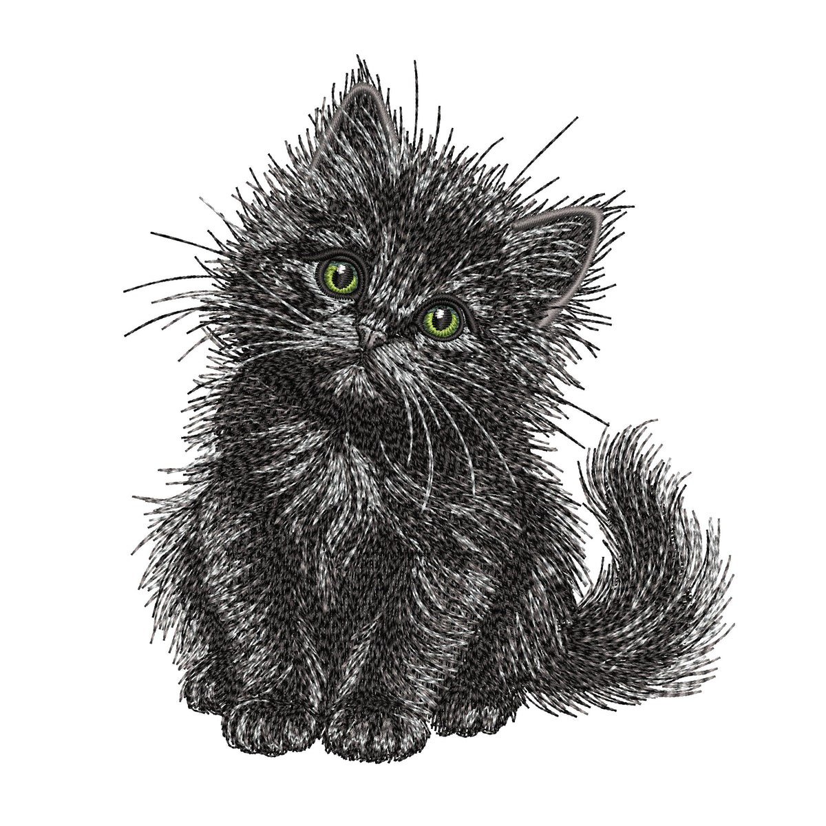 Realistic black kitten embroidery preview with green eyes, fluffy fur, long whiskers and a curved tail on white.