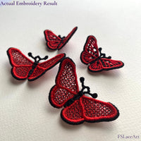 Finished red and black butterfly FSL stitch-outs with raised wings in mesh-filled and openwork styles
