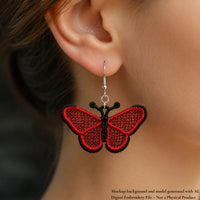 Red and black mesh-filled butterfly FSL earring hanging from a silver hook