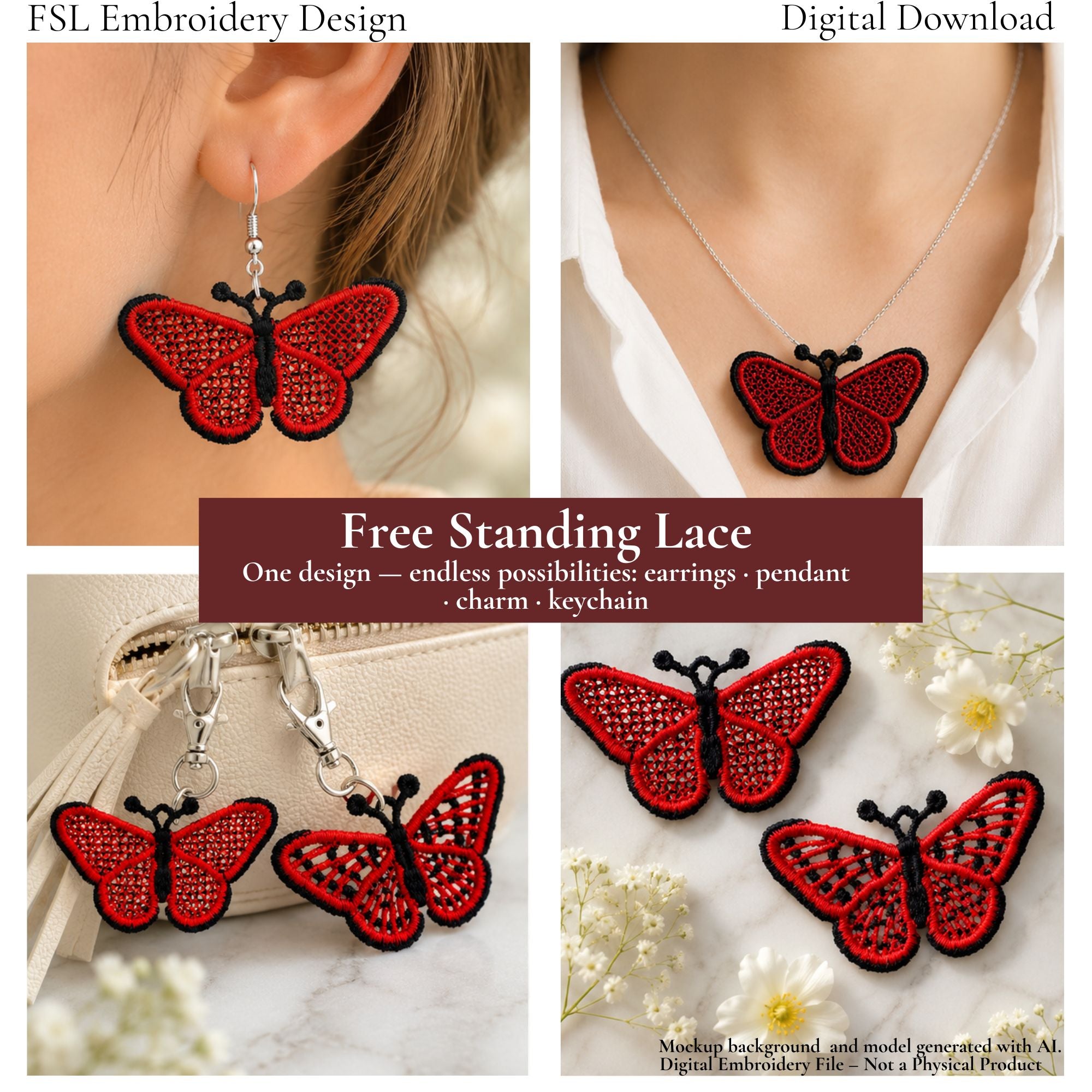 Red butterfly FSL design shown as an earring, necklace pendant, bag charm and keychain