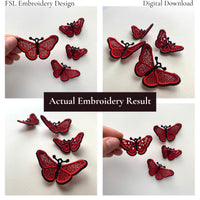 Collage of actual red butterfly FSL embroidery results showing two wing styles from different angles