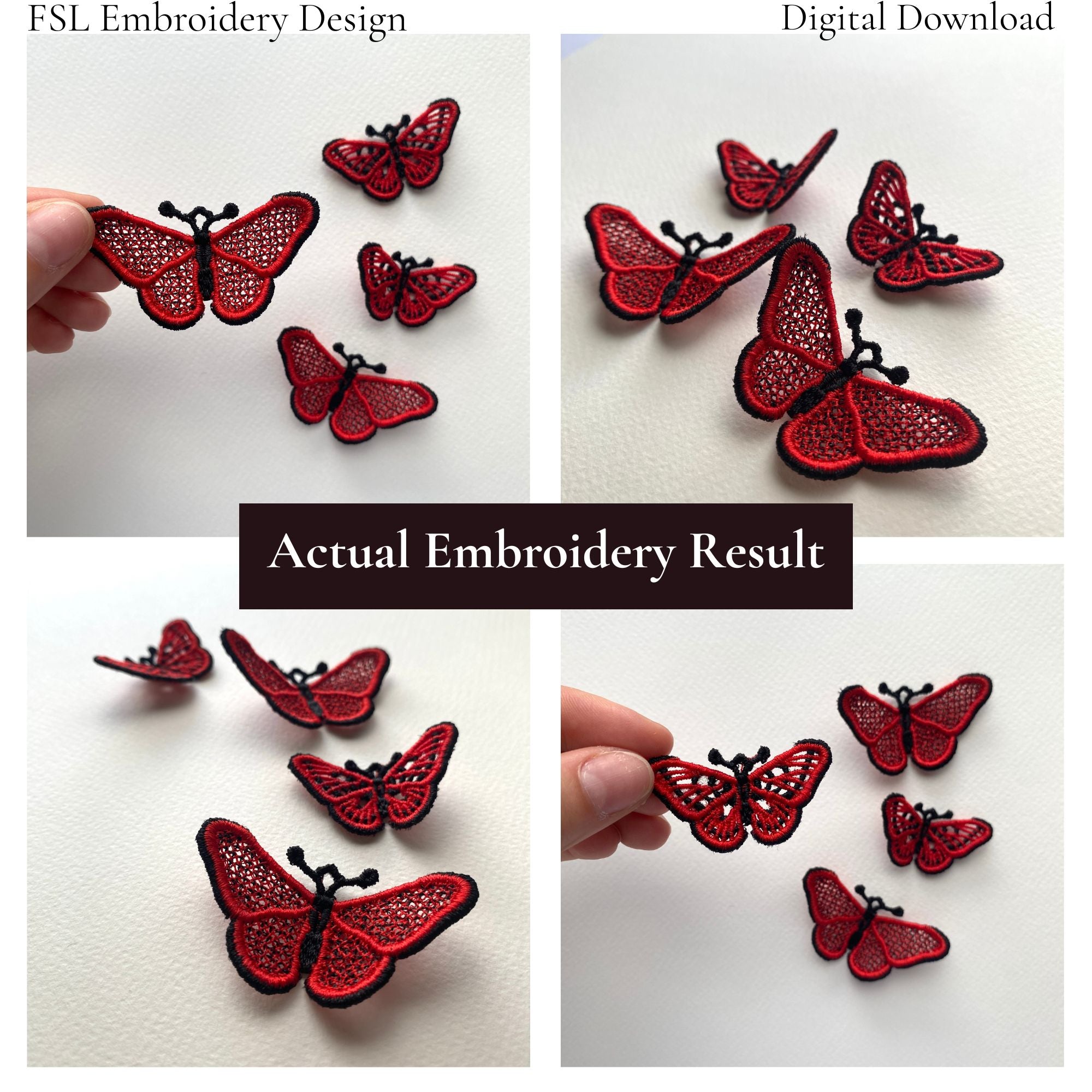 Collage of actual red butterfly FSL embroidery results showing two wing styles from different angles