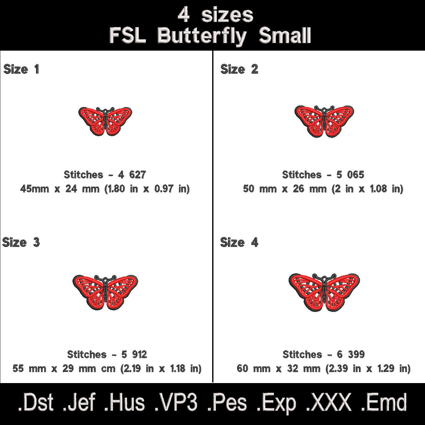 Red butterfly FSL embroidery size chart with four dimensions, stitch counts and available machine file formats