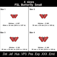 Red butterfly FSL embroidery size chart with four dimensions, stitch counts and available machine file formats