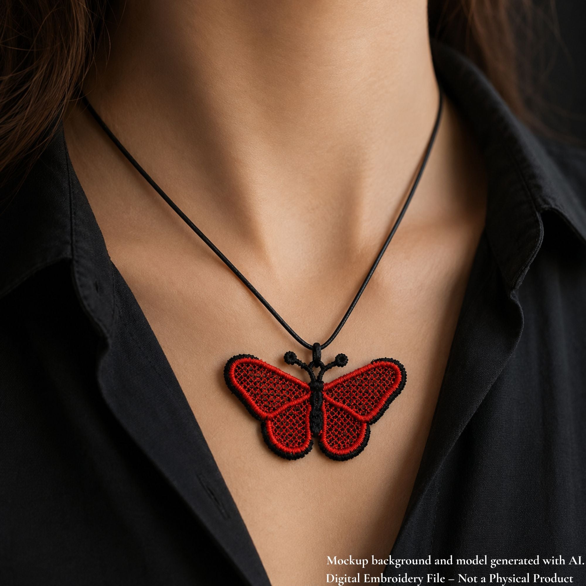 Red and black butterfly FSL pendant worn on a thin black cord with a black blouse