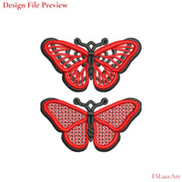 Machine embroidery file preview showing red and black butterfly FSL designs with openwork and mesh-filled wings